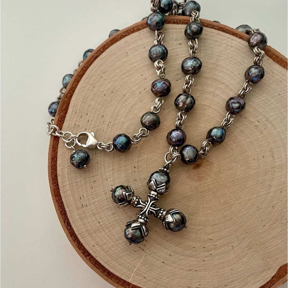 Janice Girardi Sterling Silver & Faceted Blue Pearl Cross Necklace